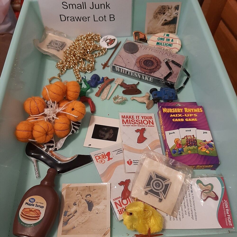 Small JUNK DRAWER LOT B: Smalls Jewelry Trinkets Photos Cassette Tape Button Toy